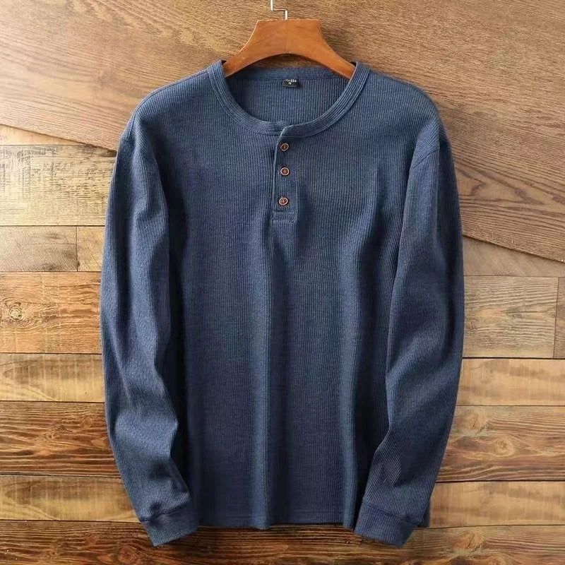 Men's Cotton Waffle Long Sleeve Henley Shirt | Breathable Slim Fit Casual Style 4