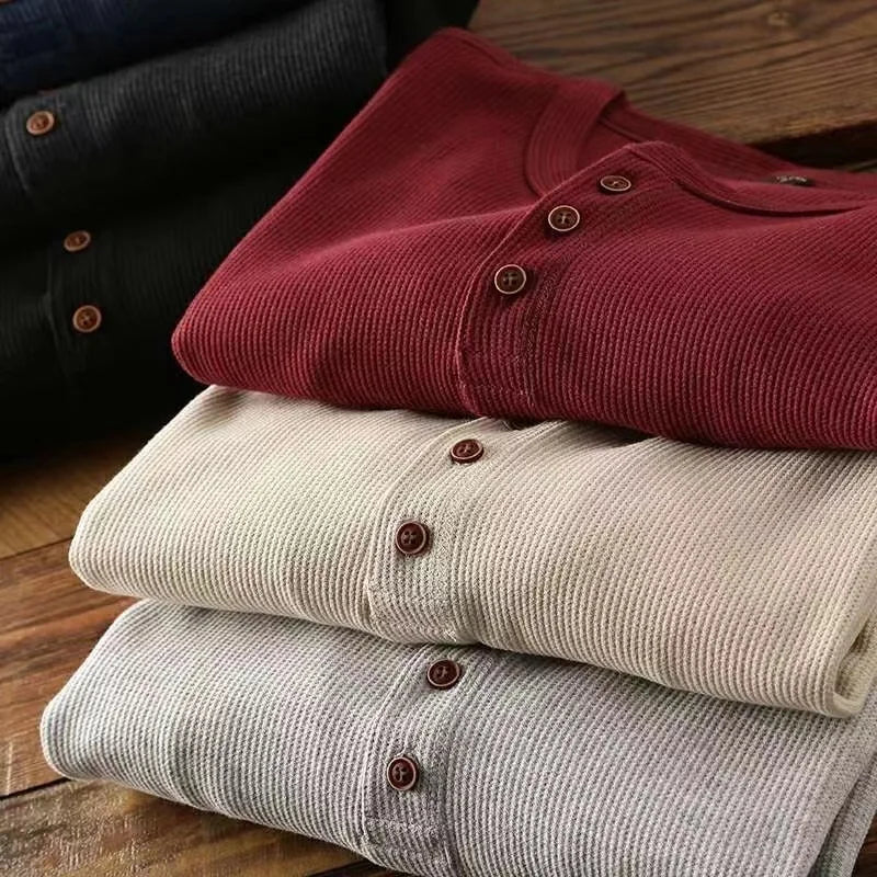 Men's Cotton Waffle Long Sleeve Henley Shirt | Breathable Slim Fit Casual Style 5