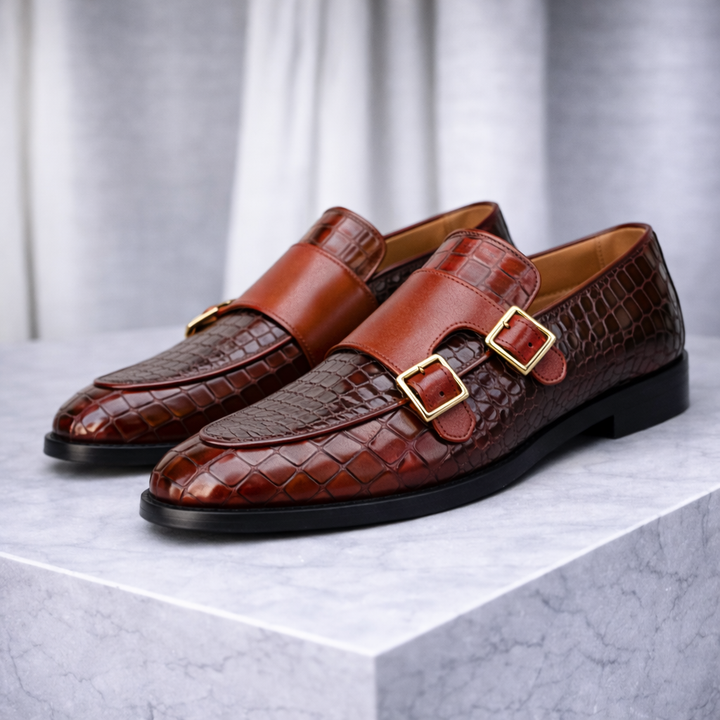 Men's Croc-Embossed Italian Leather Monk Strap Shoes | Bold Elevated Comfort Design 0