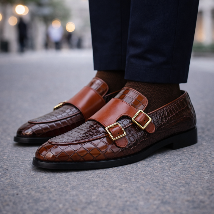 Men's Croc-Embossed Italian Leather Monk Strap Shoes | Bold Elevated Comfort Design 1