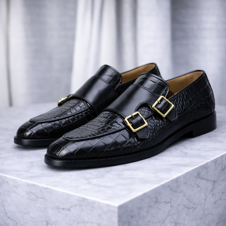Men's Croc-Embossed Italian Leather Monk Strap Shoes | Bold Elevated Comfort Design 2