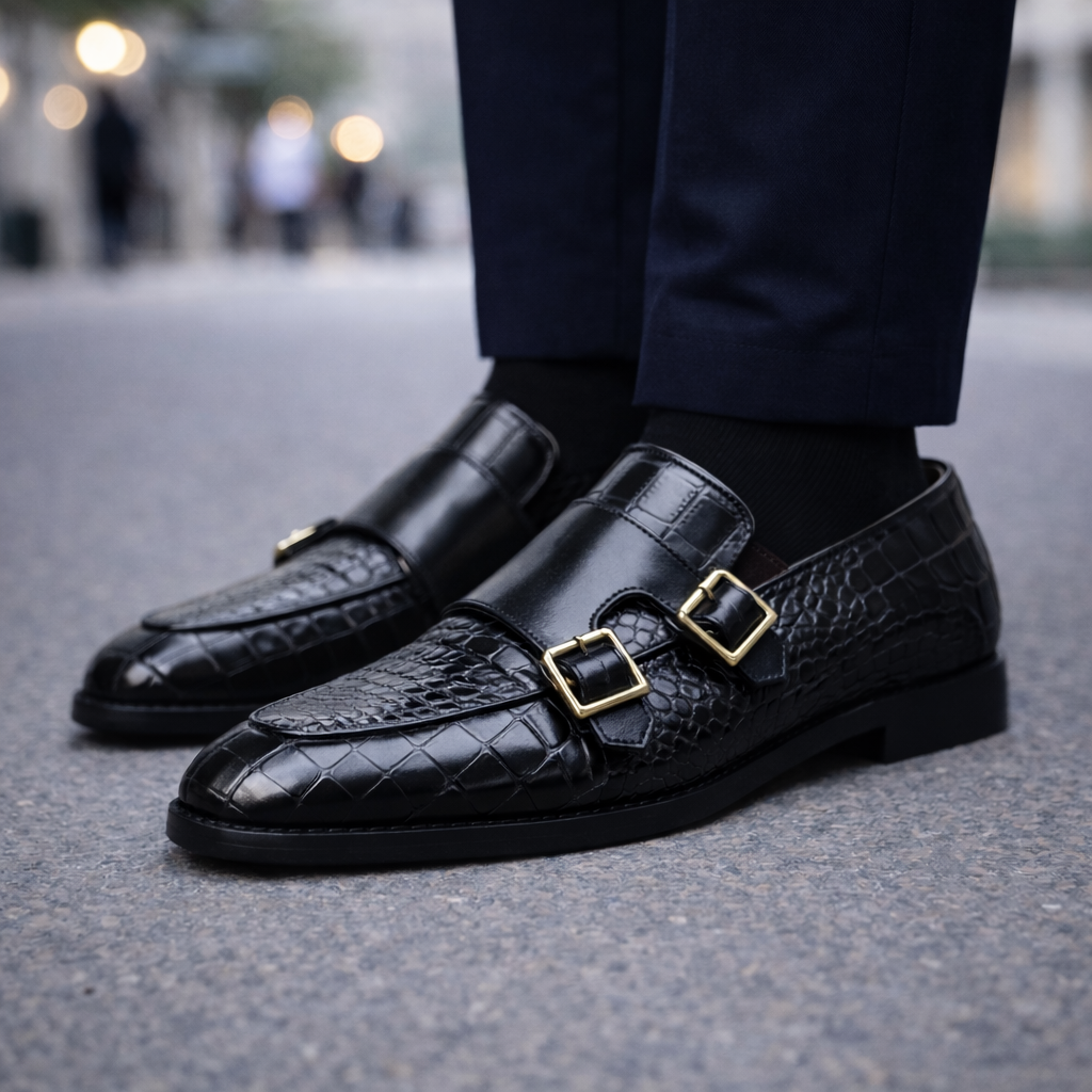 Men's Croc-Embossed Italian Leather Monk Strap Shoes | Bold Elevated Comfort Design 3