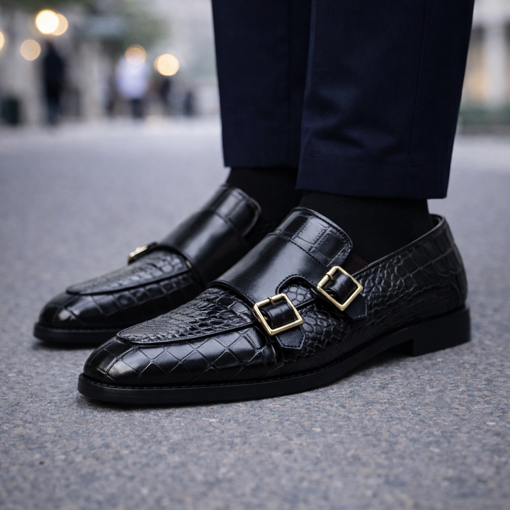 Men's Croc-Embossed Italian Leather Monk Strap Shoes | Bold Elevated Comfort Design 3