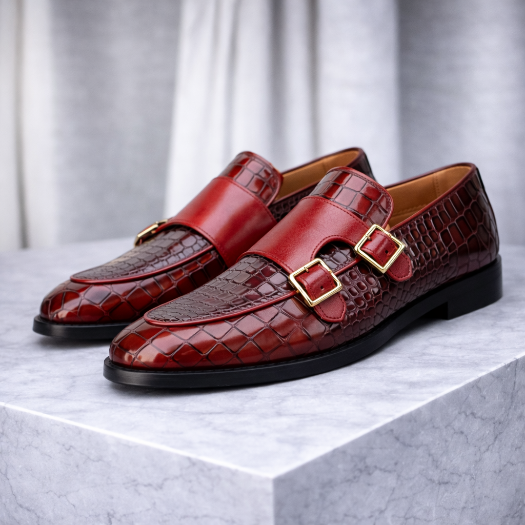 Men's Croc-Embossed Italian Leather Monk Strap Shoes | Bold Elevated Comfort Design 4