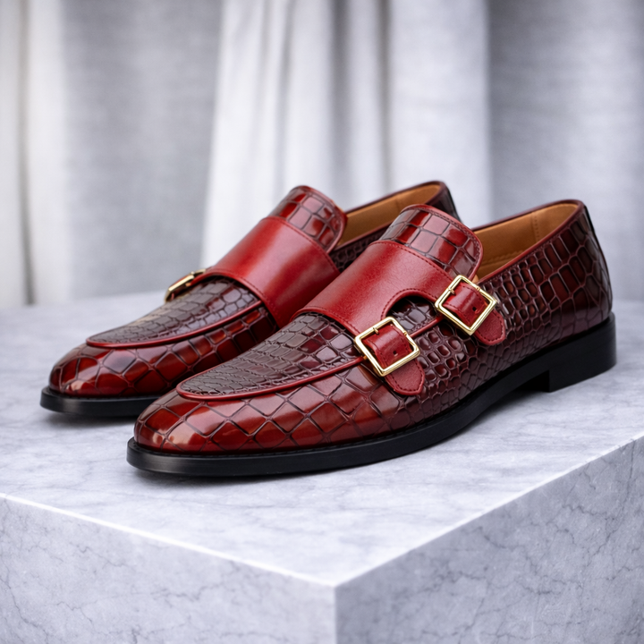 Men's Croc-Embossed Italian Leather Monk Strap Shoes | Bold Elevated Comfort Design 4