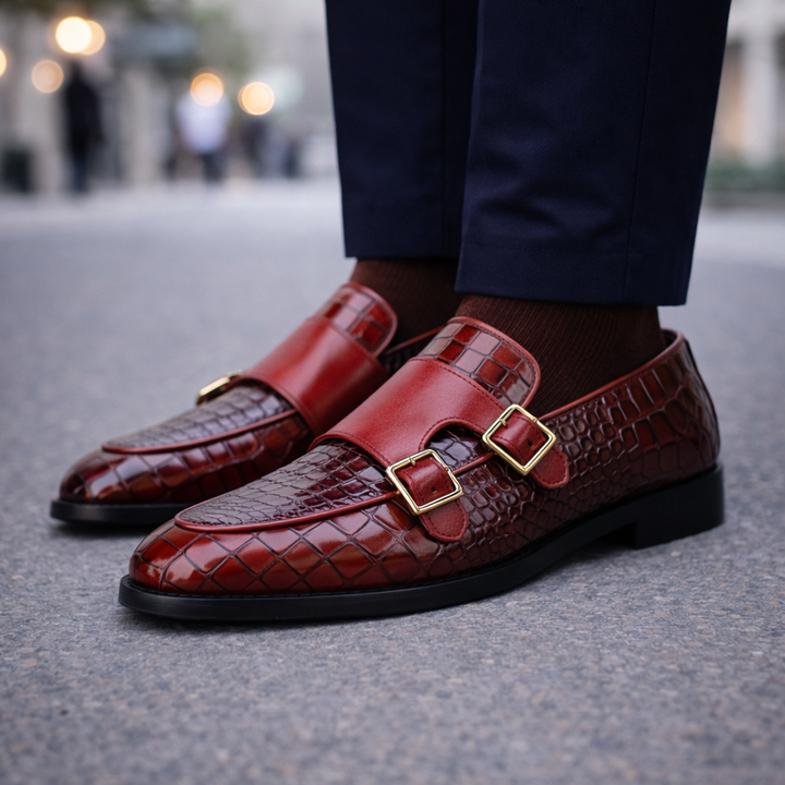 Men's Croc-Embossed Italian Leather Monk Strap Shoes | Bold Elevated Comfort Design 5