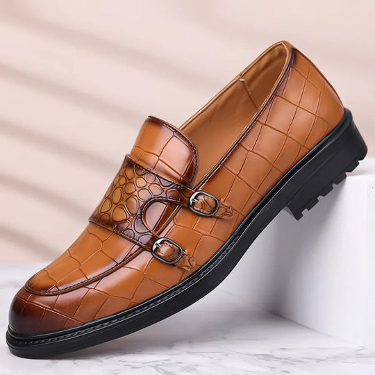 Men's Croc-Embossed Leather Double Monk Strap Shoes | Refined Structured Comfort 0