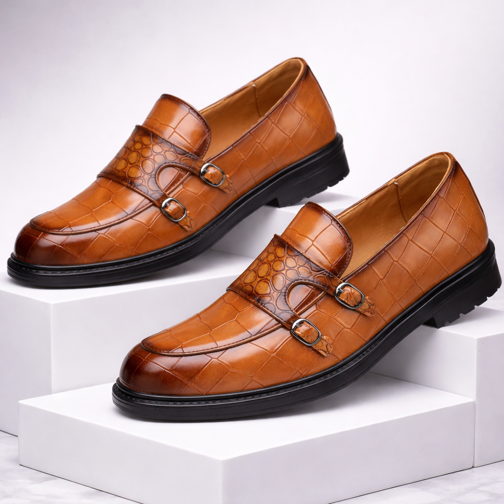 Men's Croc-Embossed Leather Double Monk Strap Shoes | Refined Structured Comfort 1