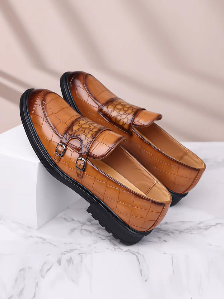 Men's Croc-Embossed Leather Double Monk Strap Shoes | Refined Structured Comfort 2