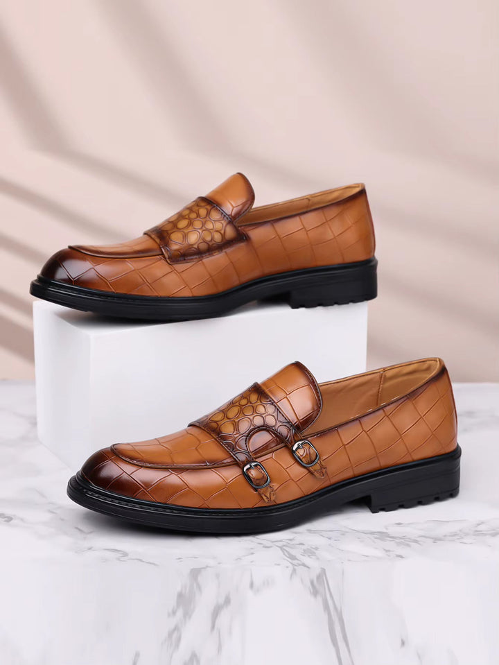 Men's Croc-Embossed Leather Double Monk Strap Shoes | Refined Structured Comfort 3