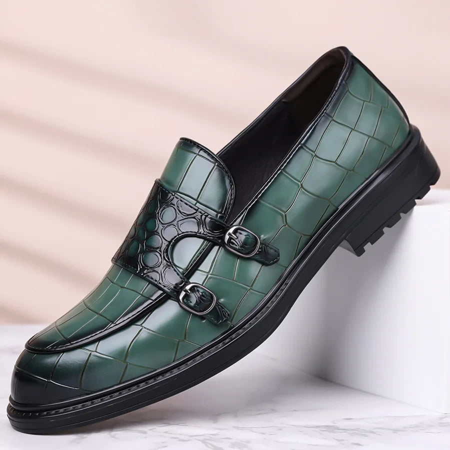 Men's Croc-Embossed Leather Double Monk Strap Shoes | Refined Structured Comfort 4