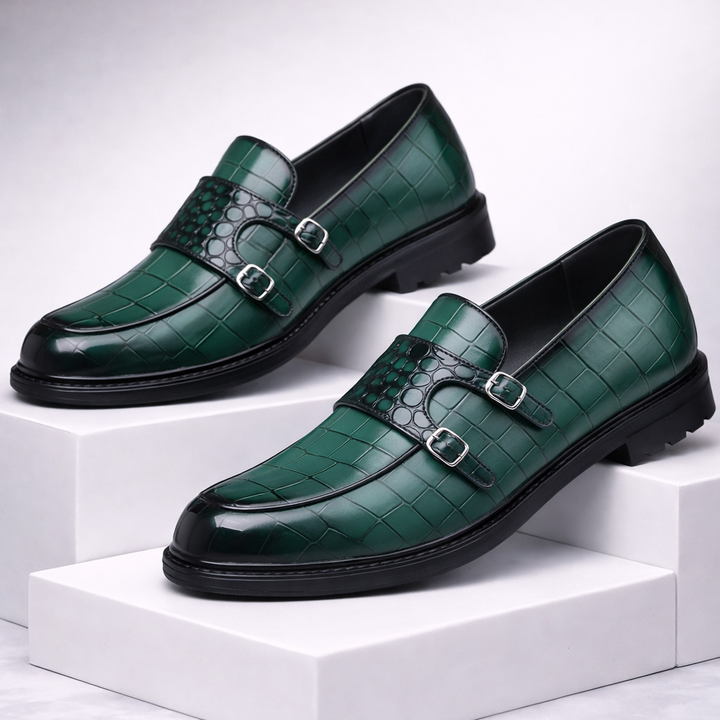 Men's Croc-Embossed Leather Double Monk Strap Shoes | Refined Structured Comfort 5