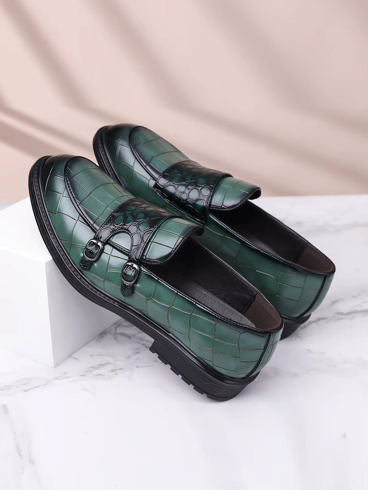 Men's Croc-Embossed Leather Double Monk Strap Shoes | Refined Structured Comfort 6