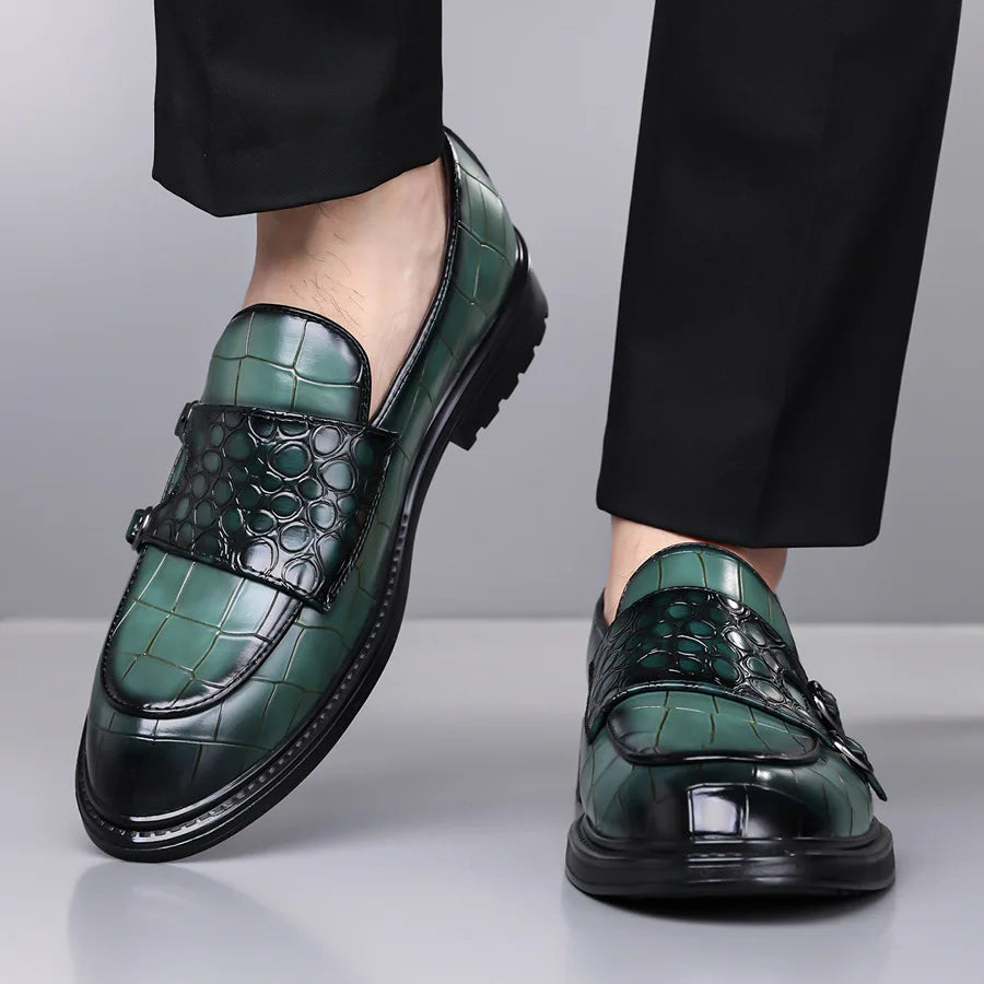 Men's Croc-Embossed Leather Double Monk Strap Shoes | Refined Structured Comfort 7