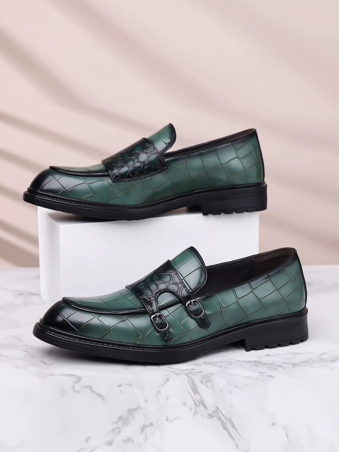 Men's Croc-Embossed Leather Double Monk Strap Shoes | Refined Structured Comfort 8