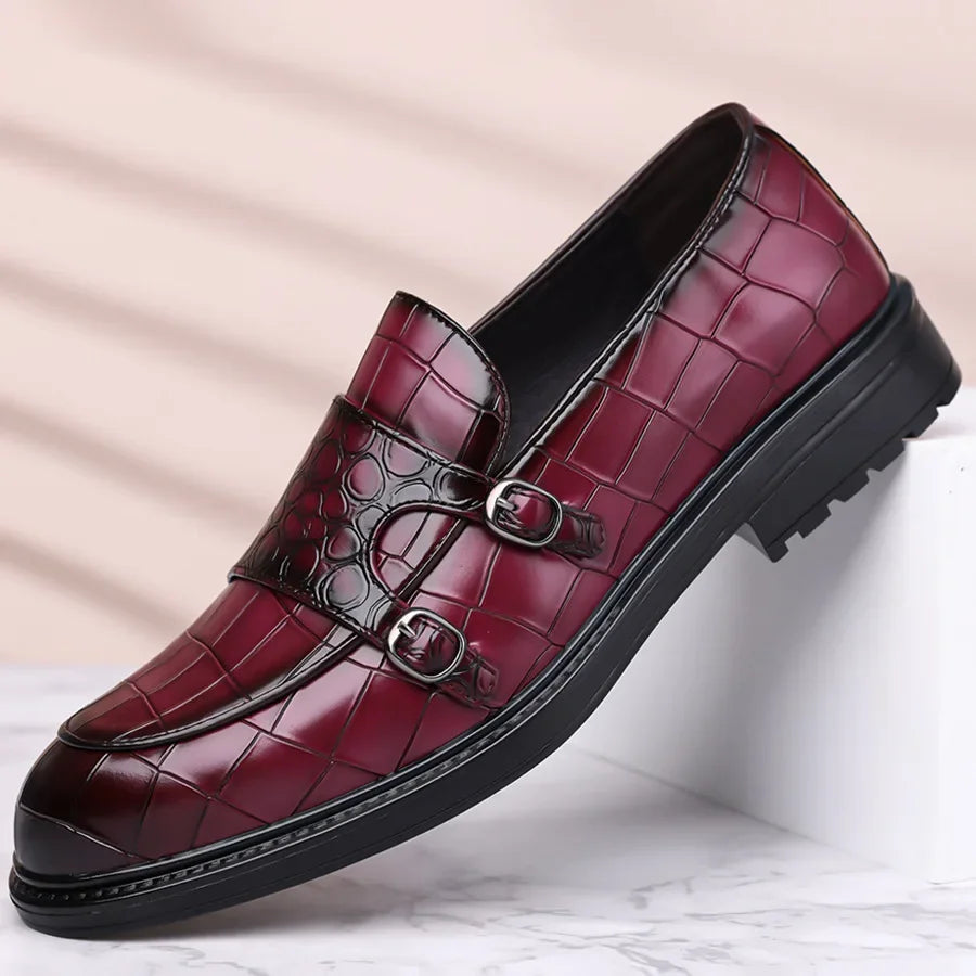 Men's Croc-Embossed Leather Double Monk Strap Shoes | Refined Structured Comfort 9