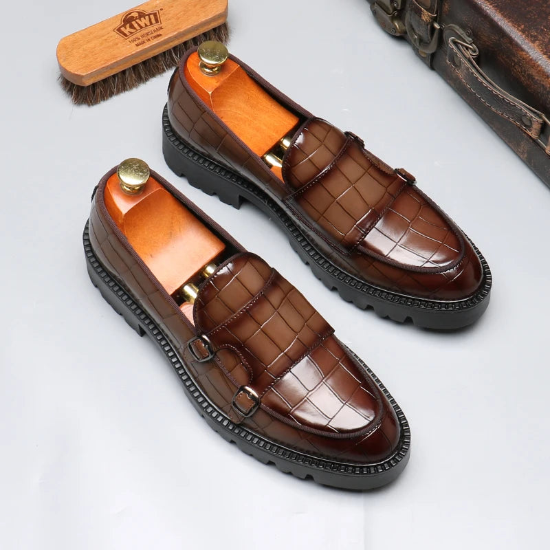 Men's Crocodile-Embossed Leather Loafers | Sleek Dual Monk Strap Design 0