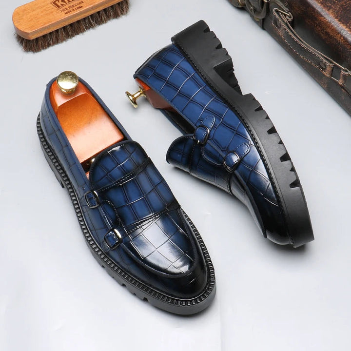 Men's Crocodile-Embossed Leather Loafers | Sleek Dual Monk Strap Design 1