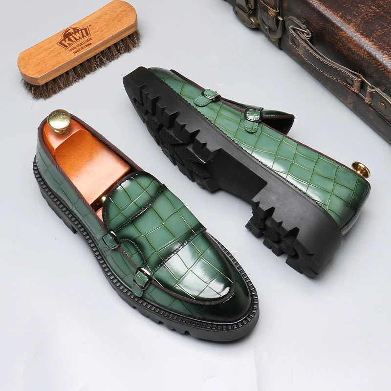 Men's Crocodile-Embossed Leather Loafers | Sleek Dual Monk Strap Design 2
