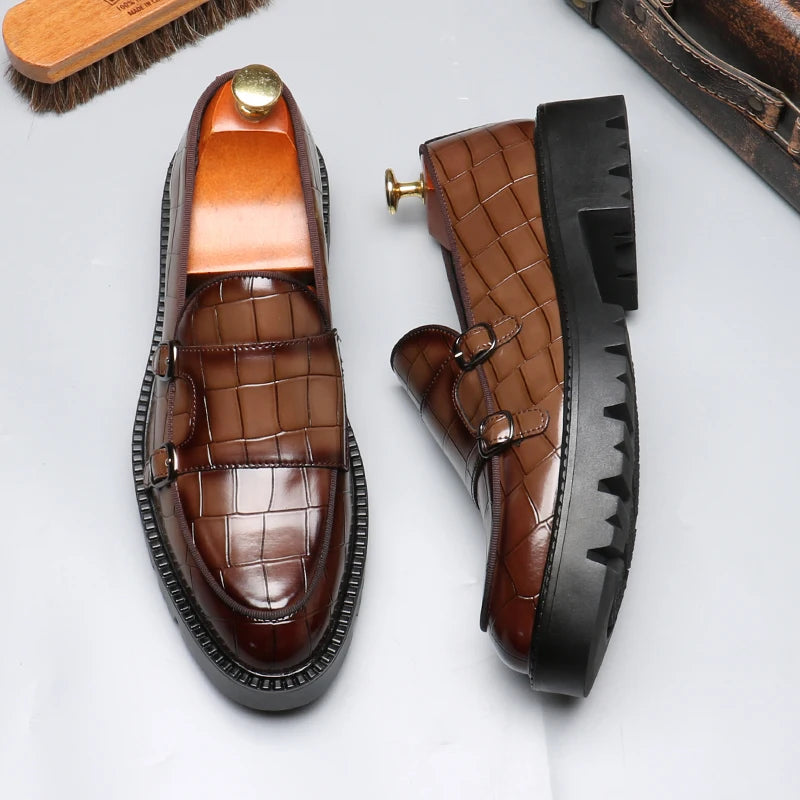 Men's Crocodile-Embossed Leather Loafers | Sleek Dual Monk Strap Design 3