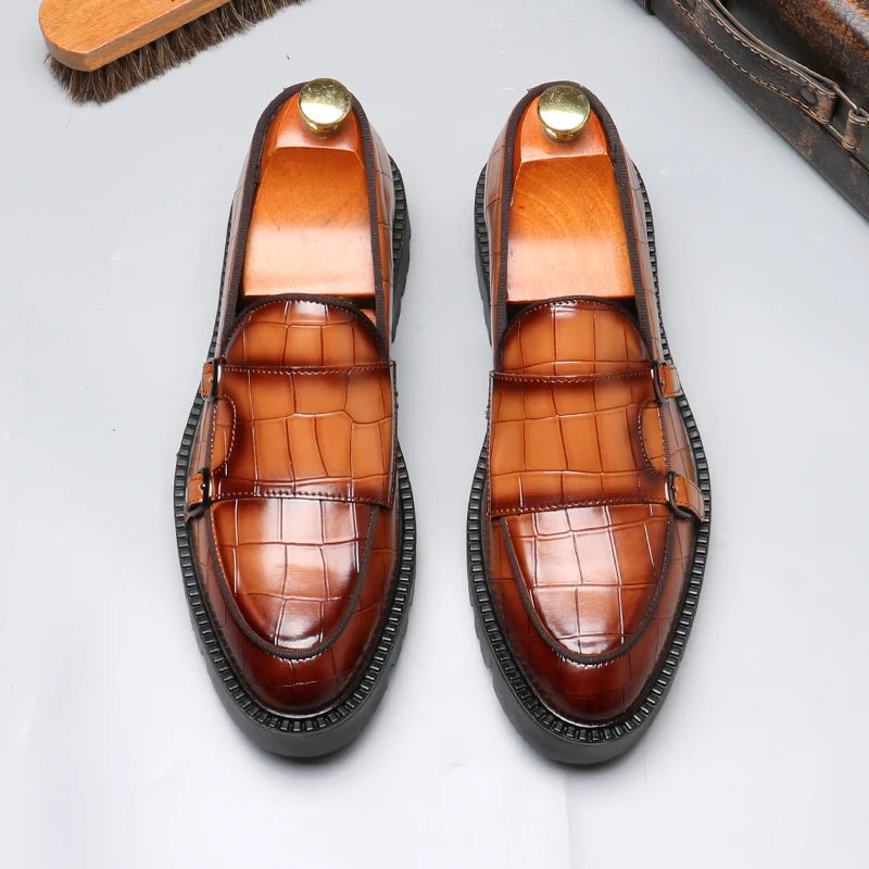 Men's Crocodile-Embossed Leather Loafers | Sleek Dual Monk Strap Design 4