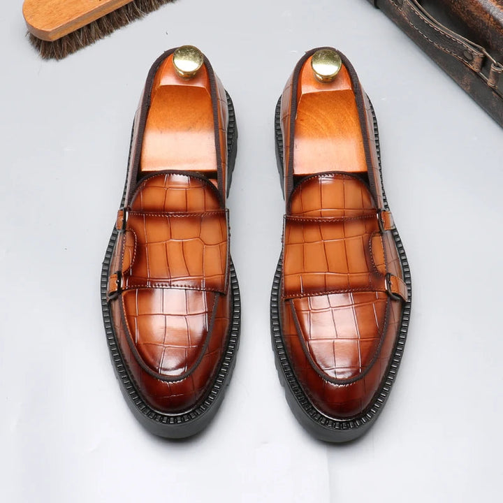Men's Crocodile-Embossed Leather Loafers | Sleek Dual Monk Strap Design 4