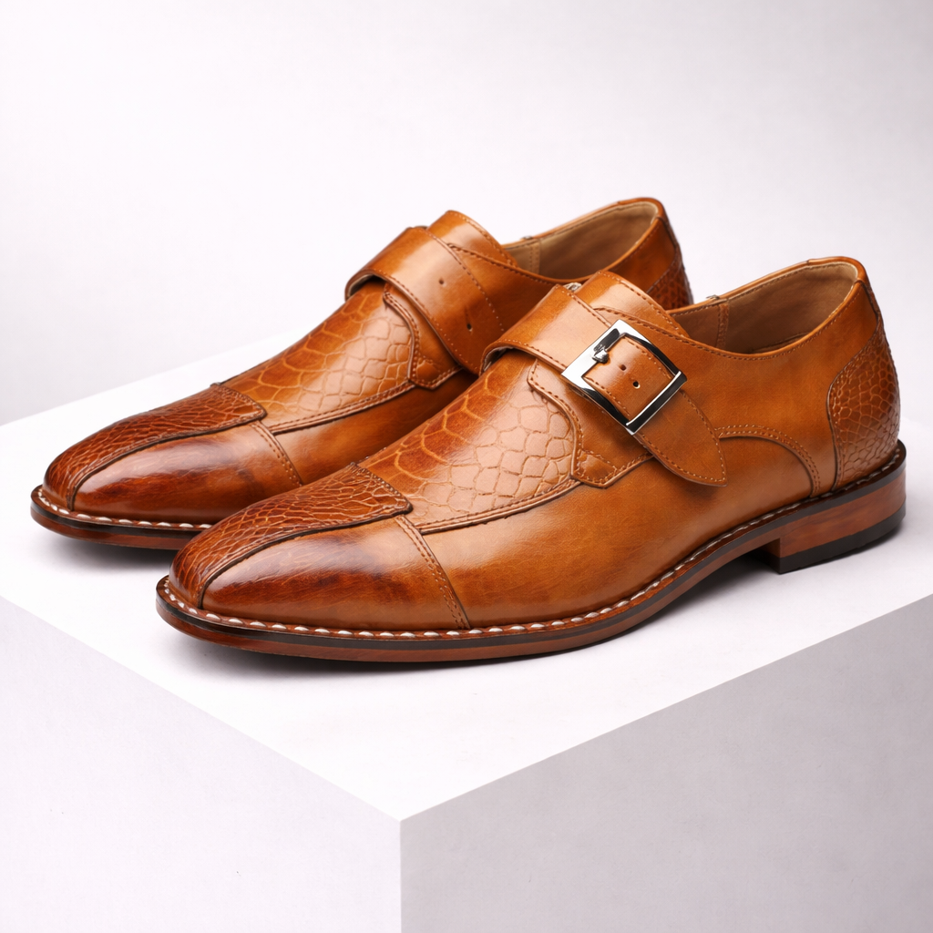 Men's Crocodile-Embossed Leather Monk Strap Shoes | Refined All-Day Comfort Fit 0