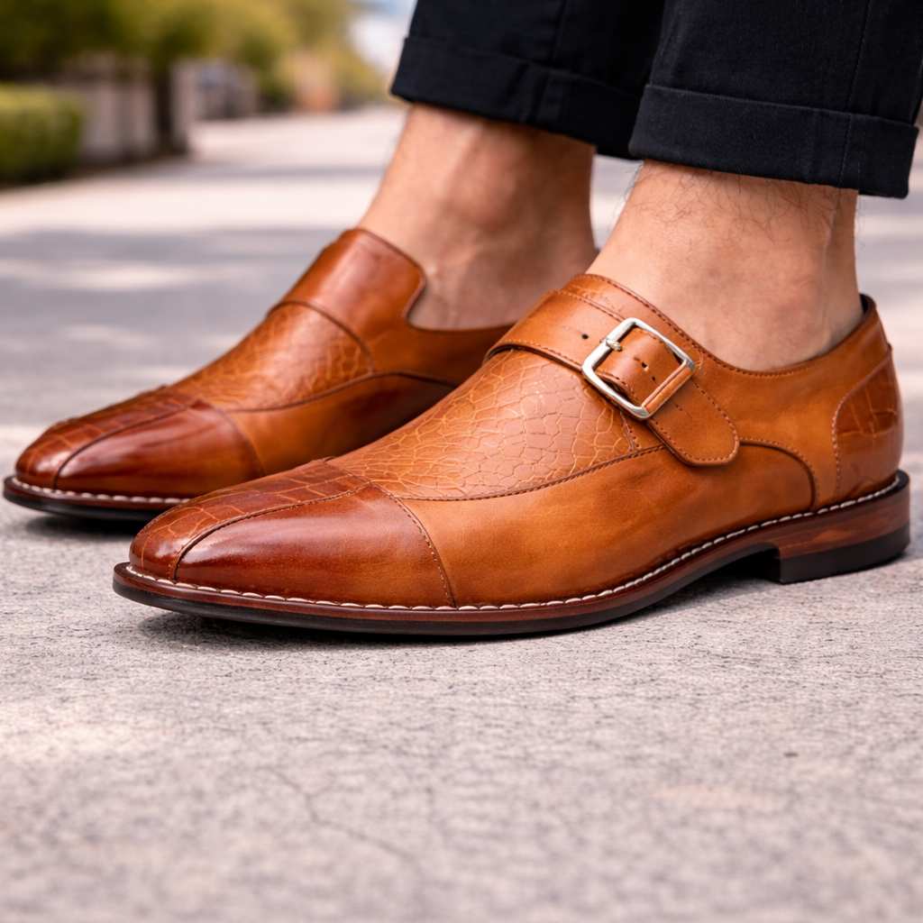 Men's Crocodile-Embossed Leather Monk Strap Shoes | Refined All-Day Comfort Fit 1