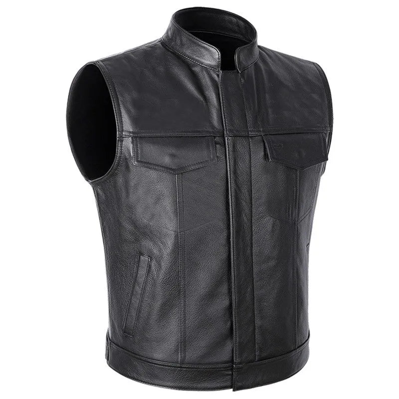 Men's faux leather motorcycle vest with stand collar and biker profile