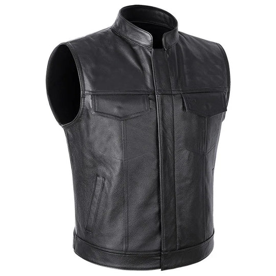 Men's faux leather motorcycle vest with stand collar and biker profile