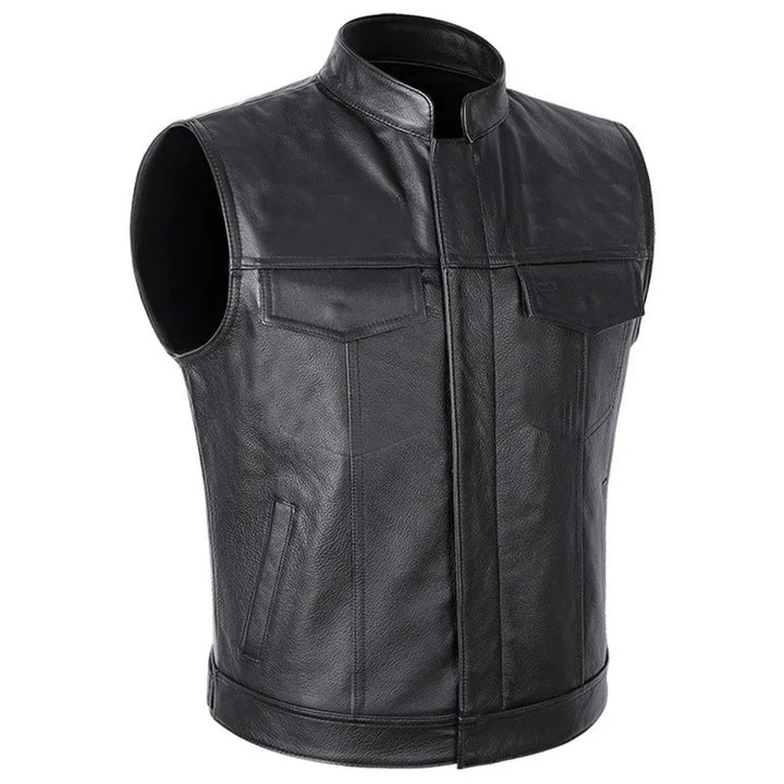 Men's faux leather motorcycle vest with stand collar and biker profile