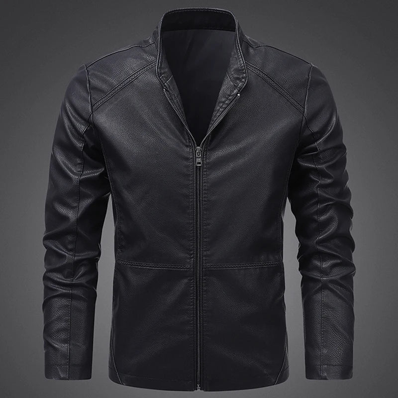 Men's faux PU leather motorcycle jacket with structured biker shape