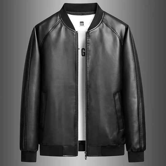 Men's faux PU leather motorcycle jacket with stand collar