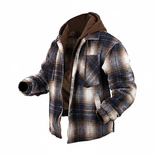 Men's fleece-lined checkered hooded jacket with thick winter insulation
