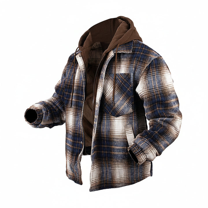Men's fleece-lined checkered hooded jacket with thick winter insulation