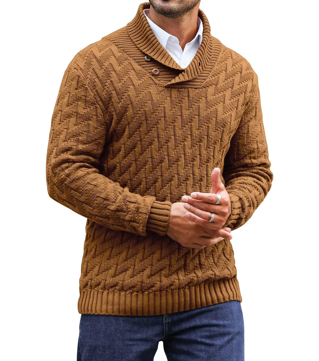 Men's herringbone turtleneck sweater with textured winter knit