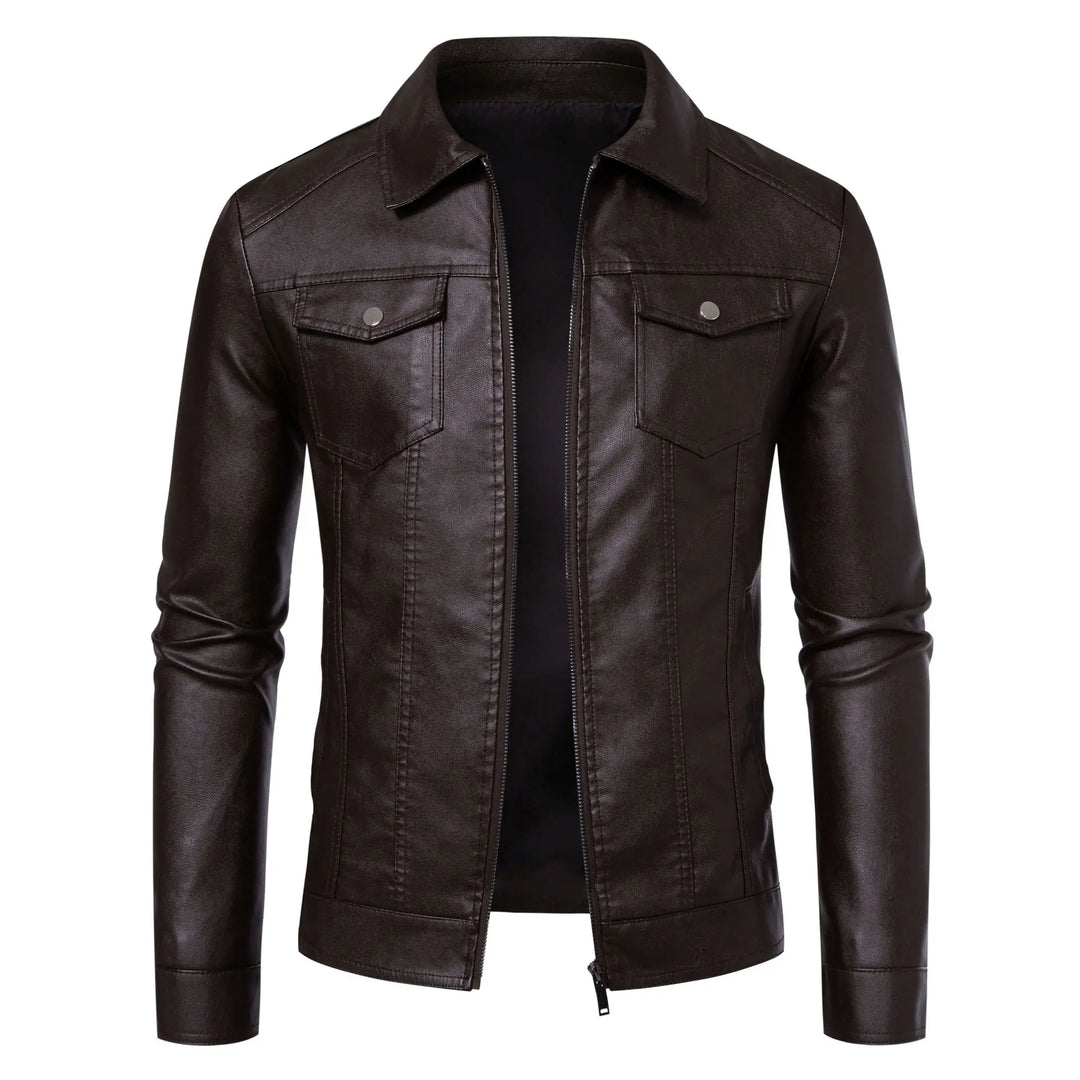 Men's slim fit leather jacket with turn-down collar and clean streetwear shape
