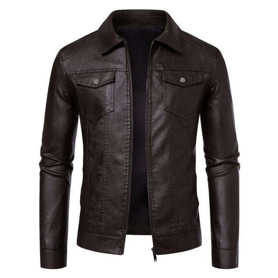 Men's slim fit leather jacket with turn-down collar and clean streetwear shape