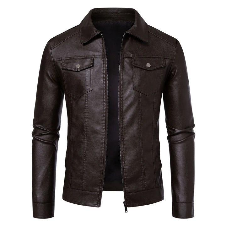 Men's slim fit leather jacket with turn-down collar and clean streetwear shape
