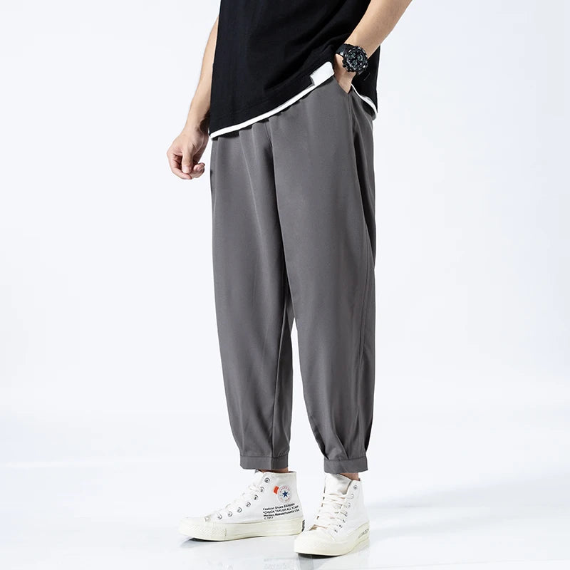 Men's ice silk ankle pants with lightweight elastic waist fit