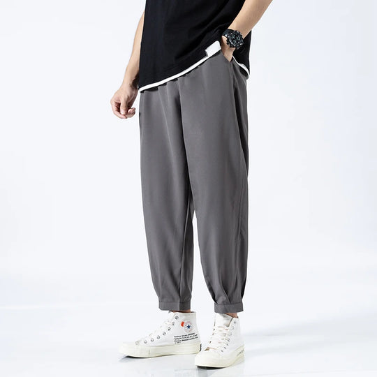Men's ice silk ankle pants with lightweight elastic waist fit