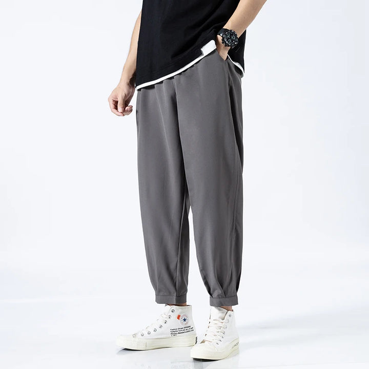 Men's ice silk ankle pants with lightweight elastic waist fit