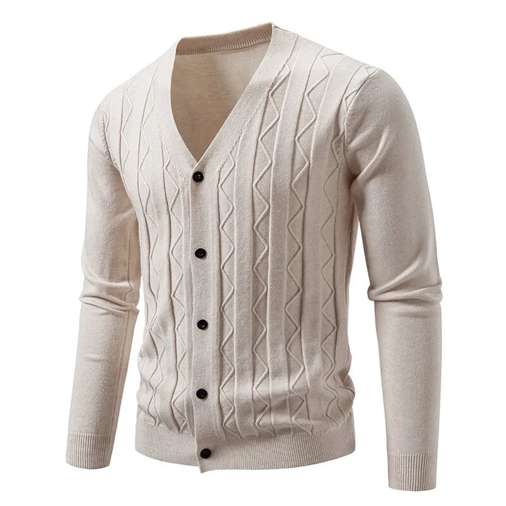 Men's knit cardigan sweater with tailored smart-casual layering