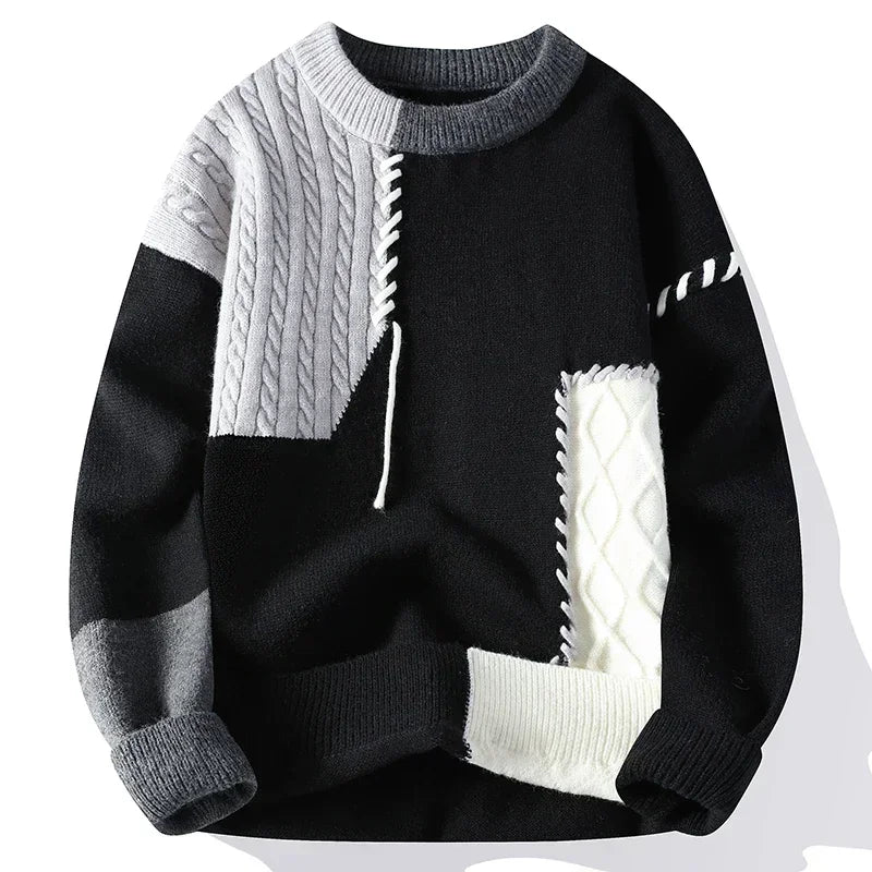 Men's knit patchwork sweater with textured contrast panels