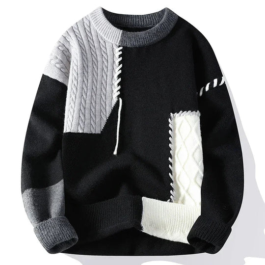 Men's knit patchwork sweater with textured contrast panels