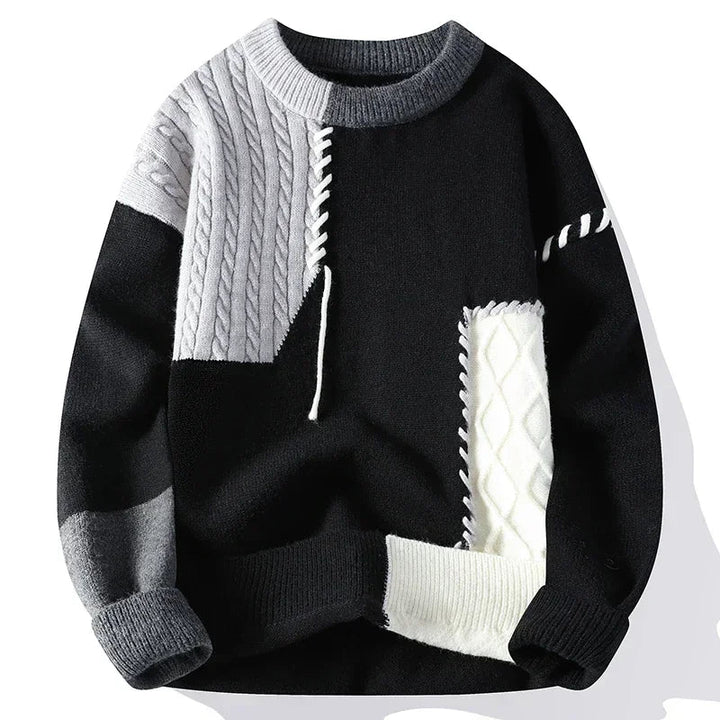 Men's knit patchwork sweater with textured contrast panels