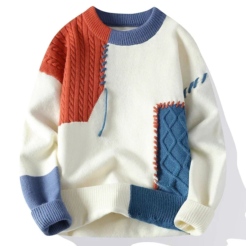 Men's Knit Patchwork Sweater | Textured Relaxed Fit with Bold Contrast 1