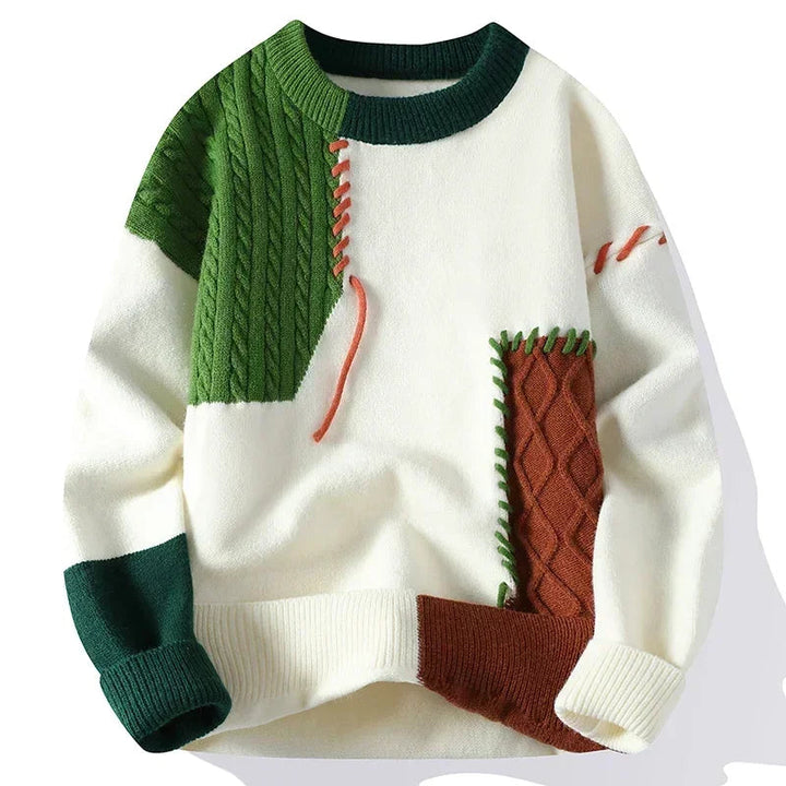 Men's Knit Patchwork Sweater | Textured Relaxed Fit with Bold Contrast 2