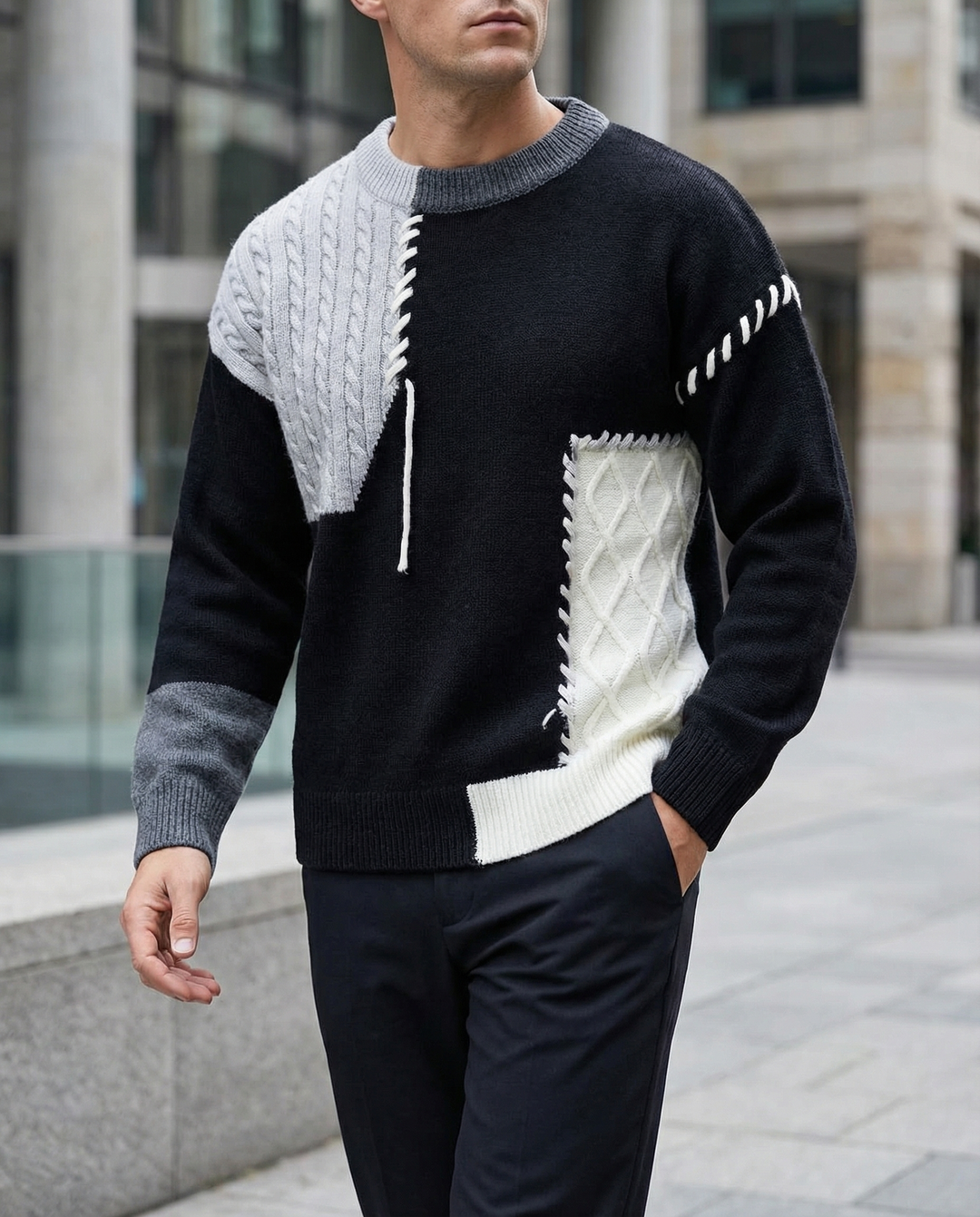 Men's Knit Patchwork Sweater | Textured Relaxed Fit with Bold Contrast 3