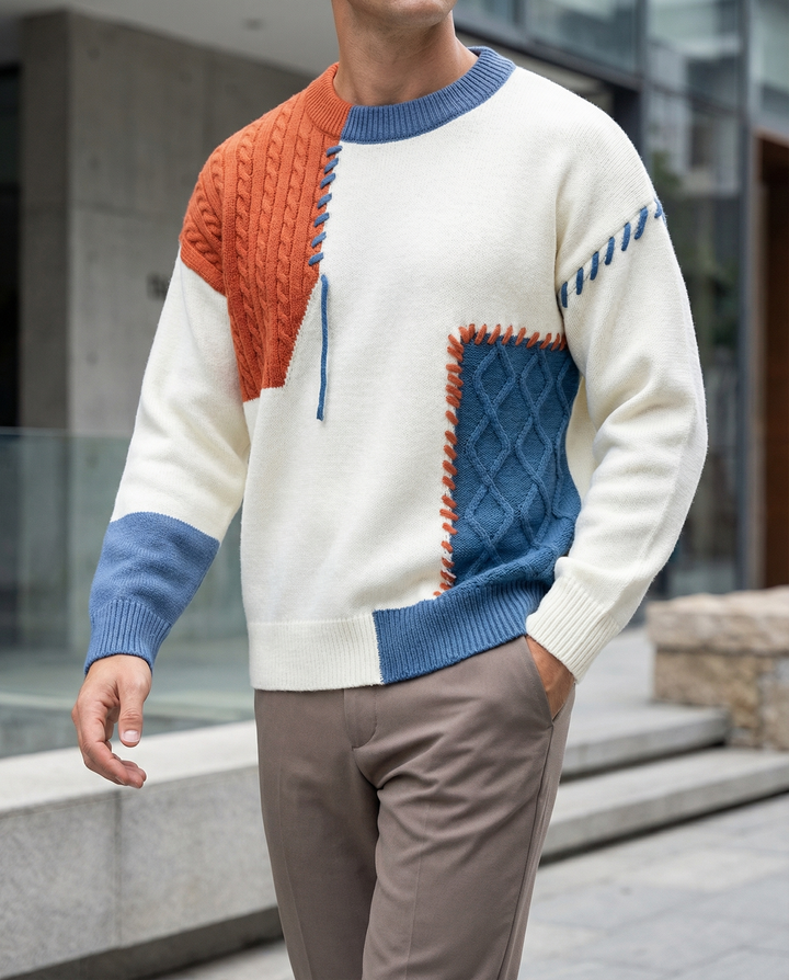 Men's Knit Patchwork Sweater | Textured Relaxed Fit with Bold Contrast 4